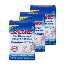 Secure Comfort Strips Waterdichte kunstgebitkleefstof - Zinkvrij - Extra stevige grip voor onderprothesen - 15 strips (pak van 3)