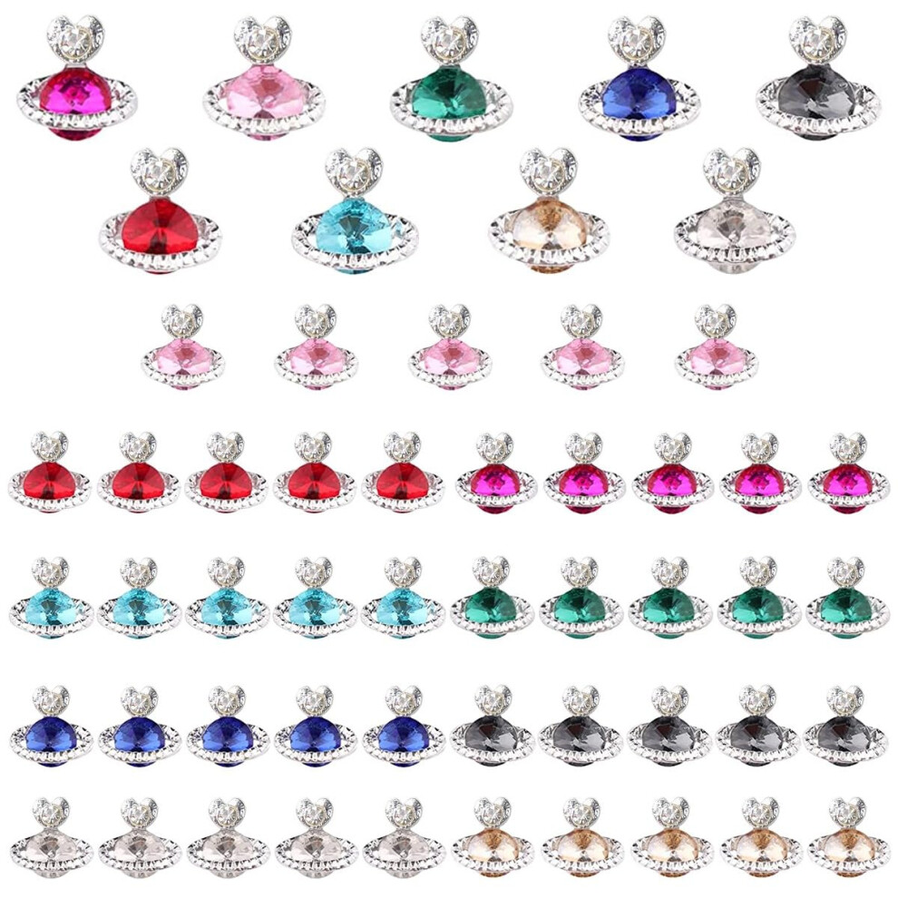 Qiipii Silver Planet Nail Charms 54 Pcs 3D Nail Rhinestones Shiny Heart Saturn Shape Nail Art Alloy Diamond Crystal Luxury Jewelry Nail Studs Nail Gems For