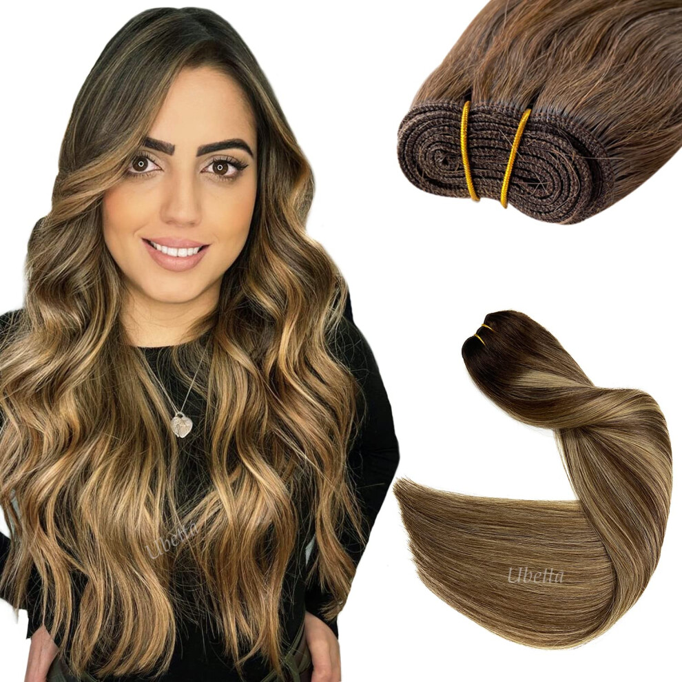 Ubetta Unisex Brown Sew In Hair Extensions Real Human Hair,Ombre And Caramel Blonde Highlights Weft Hair Extensions Human Hair Balayage Sew In Weft Extensions,120G