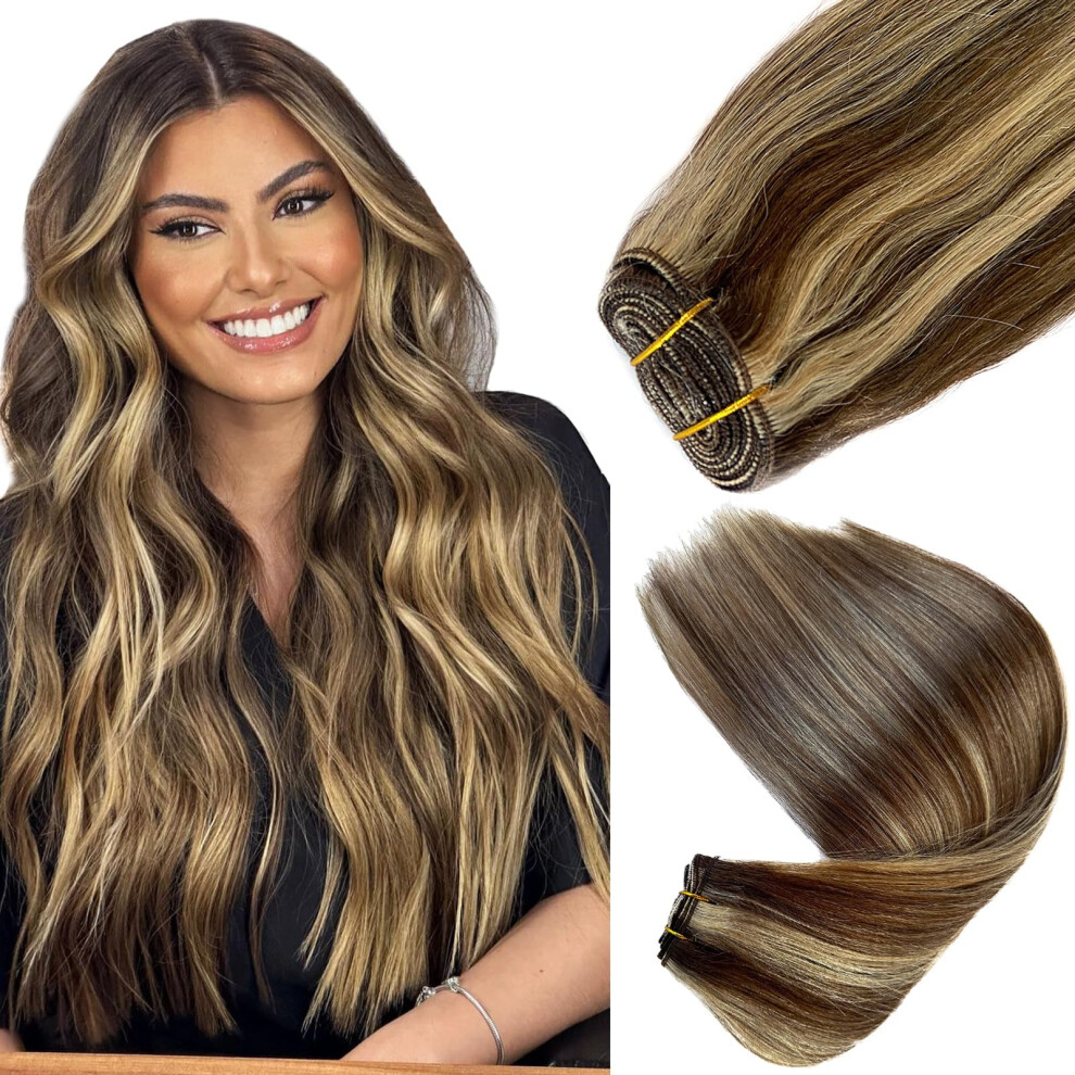 Ubetta Unisex Brown Sew In Hair Extensions Real Human Hair 22 Inch 120G Weft Hair Extensions Human Hair Chocolate Balayage Blonde Highlights Hand-Tied Weft Hair Ext