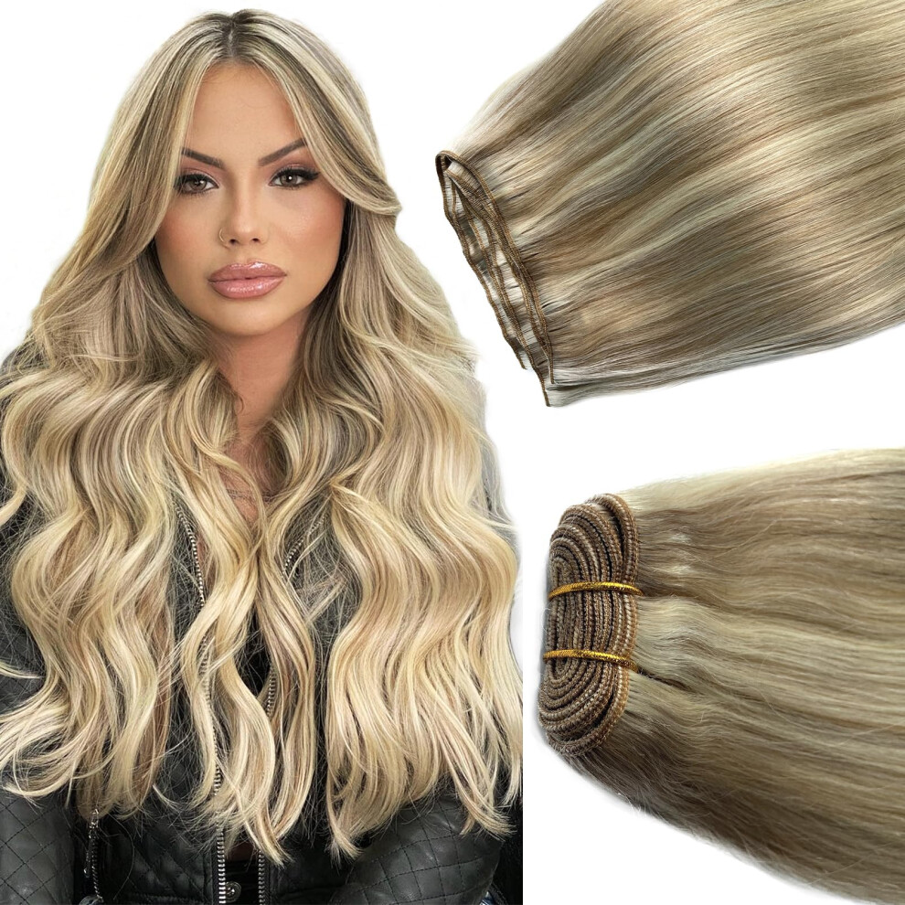 Ubetta Unisex Sew In Hair Extensions Real Human Hair Ash Blonde Balayage Blonde Hand Tied Weft Hair Extensions Human Hair Bundles 14 Inch 80G Sew In Weft Hair Exten