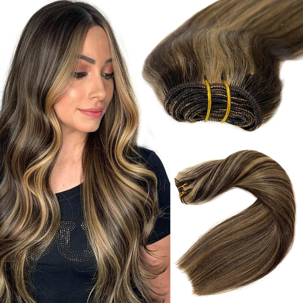 Ubetta Unisex Brown Sew In Hair Extensions Real Human Hair,Weft Hair Extensions Human Hair Bundles 24 Inch 120G Ombre And Caramel Blonde Balayage Hair Extensions Re