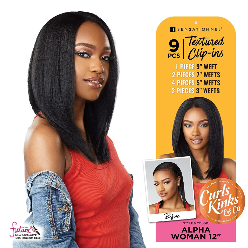 Sensationnel Unisex Black Curls Kinks & Co Textured Clip In Human Hair Blend Hair Extension 9Pcs - Alpha Woman 12 Inch (1B Off )