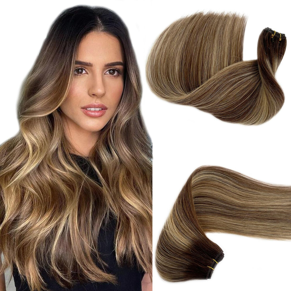 Benafee Unisex Sew In Hair Extensions Human Hair Hand Tied Weft Hair Extensions Human Hair Sew In Hair Extensions Double Weft Sew In Hair Wefts Ombre Balayage Medium