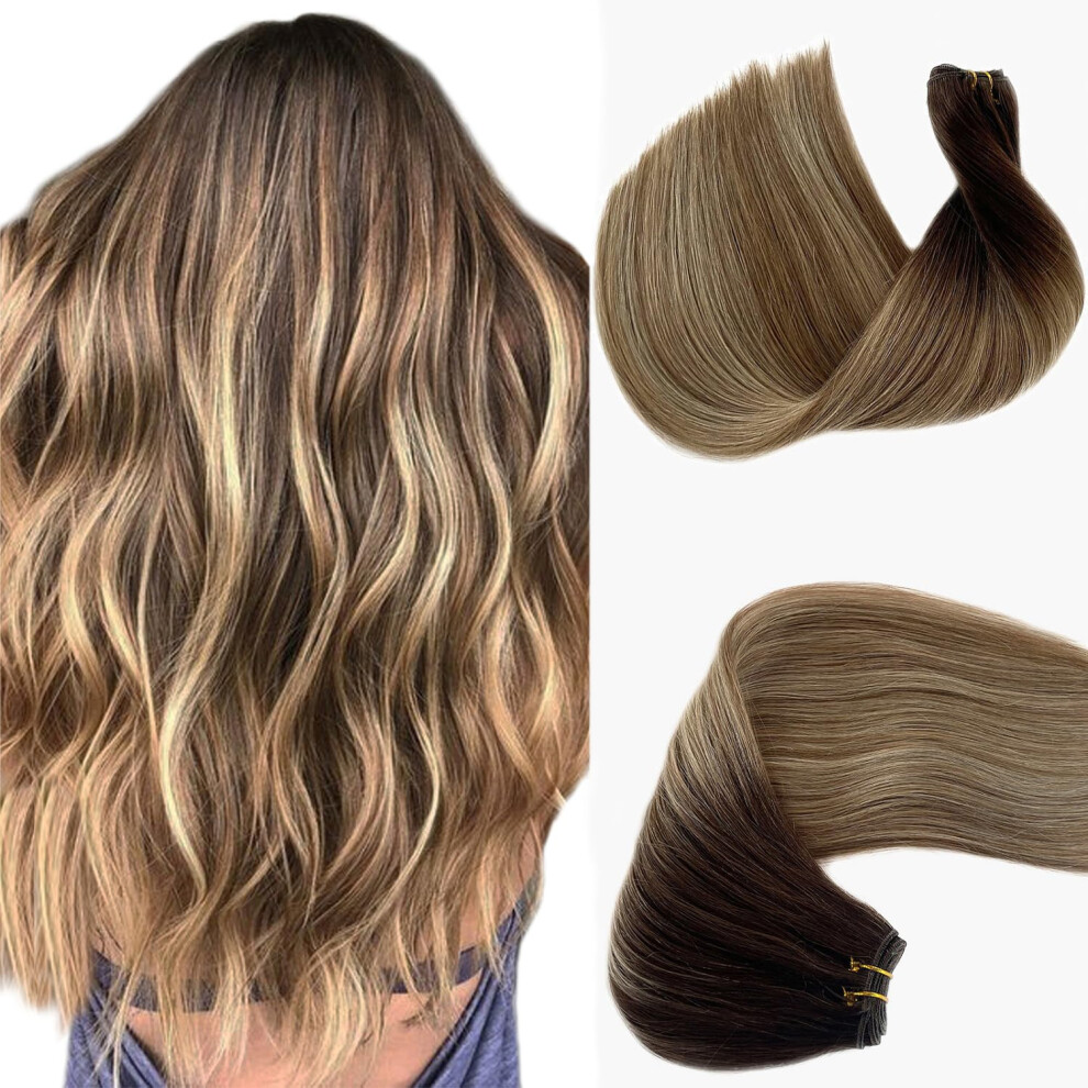 Benafee Unisex Brown Sew In Hair Extensions Real Human Hair Ombre Balayage Sew In Hair Bundles Hand Tied Wefts Hair Extensions Dark To Asn To Bleach Blonde Se