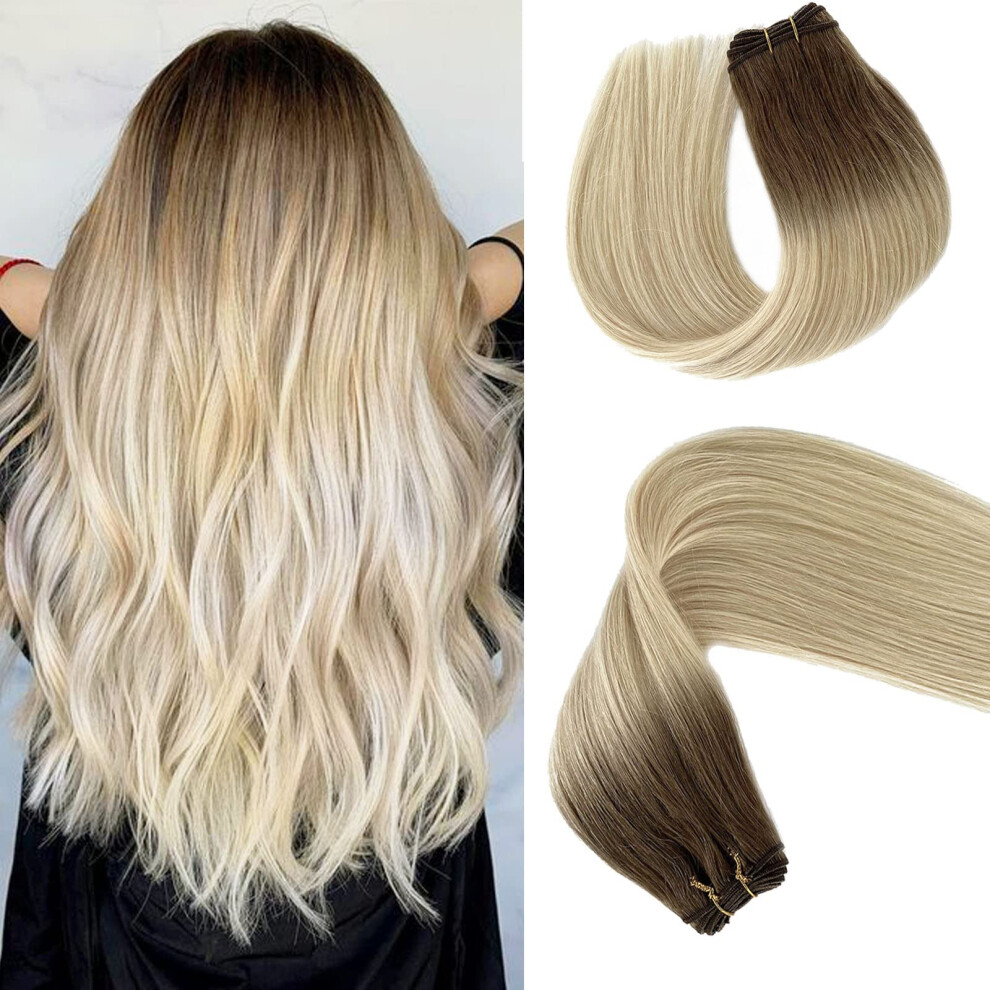 Valiilo Unisex Brown,Silver Sew In Hair Extensions Real Human Hair, 18 Inch 100G Ombre Ash Brown Highlighted Platinum Blonde Weft Hair Extensions, Hand Tied Sew In Hair Extension