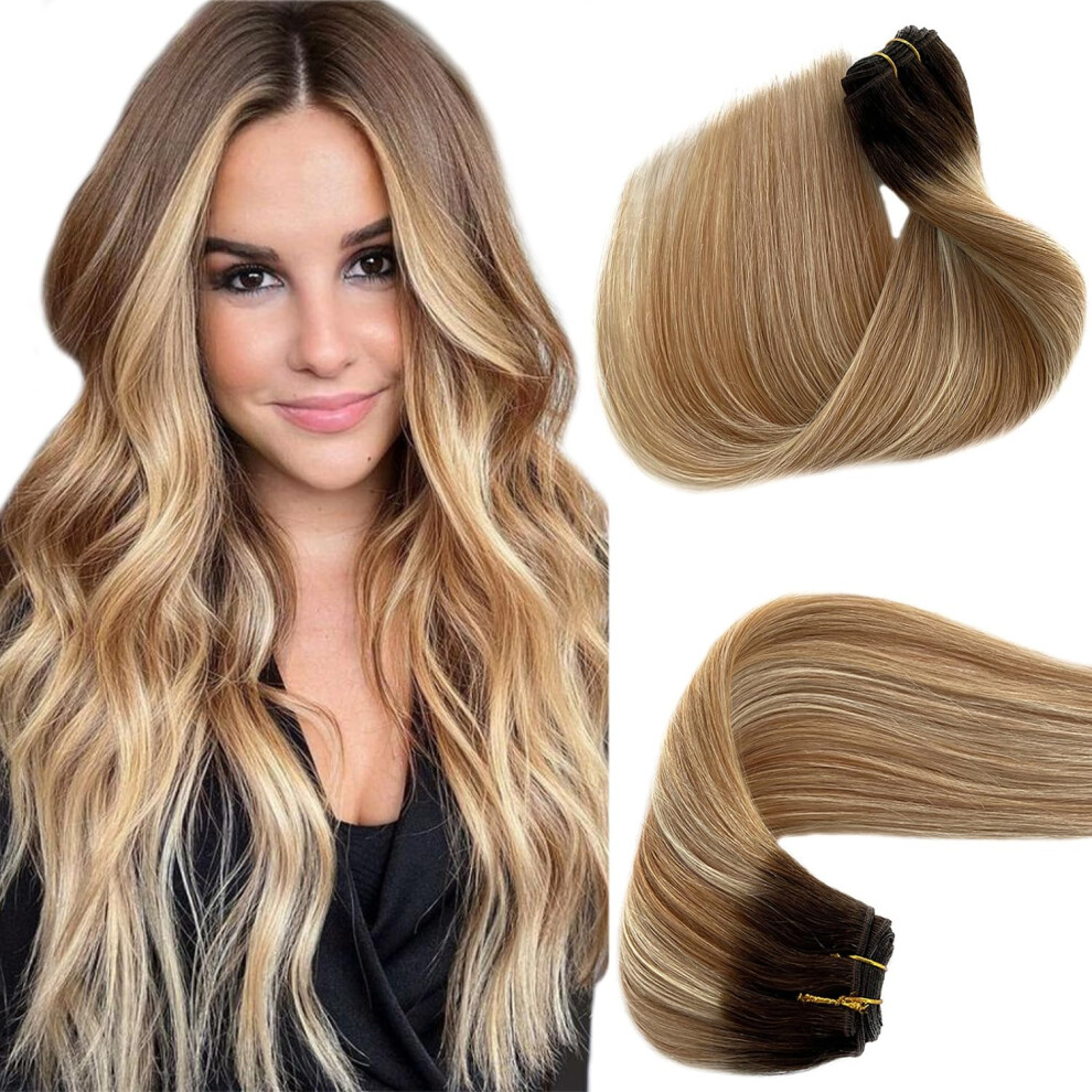 Benafee Unisex Brown Sew In Human Hair Weft Extensions 16 Seamless Weft Hair Extensions Human Hair Medium To Blonde Highlights Sew In Hair Extensions Real Human Hai