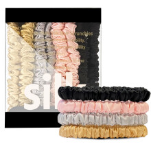 Suncdelv Seiden-Haargummis für Haare, 22 Momme, Anti-Falten- und Bruch-Seiden-Haargummis für Frauen, 4 Stück (Schwarz, Rosa, Grau, Gold)