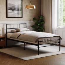 (Single, Black) Dorset Metal Bed Frame with Modern Headboard