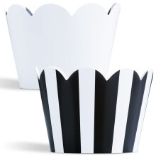 White Cupcake Wrappers 50 Count - Adjustable Black and White Cupcake Wrappers | Easy Reversible Black and White Stripe Cupcake Wrappers | Scalloped B