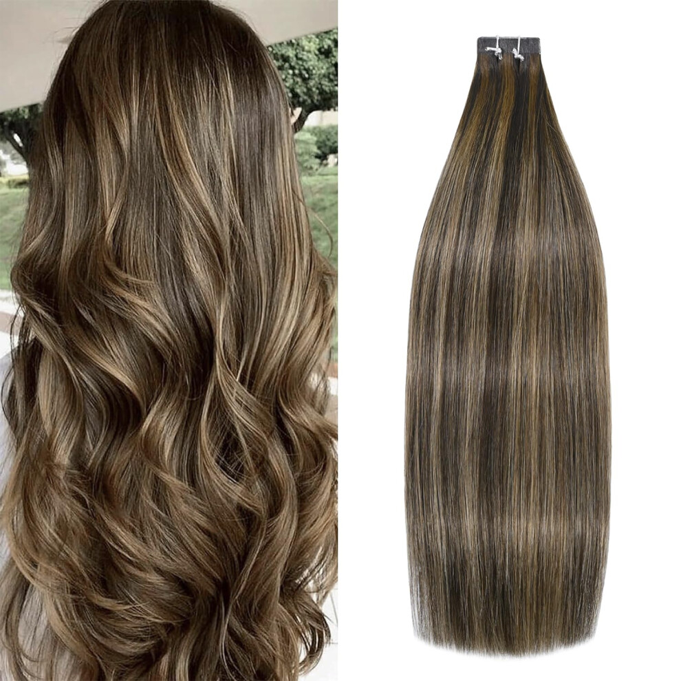 Windtouch Unisex Brown Tape In Hair Extensions Human Hair Balayage Chocolate To Caramel Blonde 22Inch 50G 20Pcs Thick Ends Tape In Extensions Invisible Tape