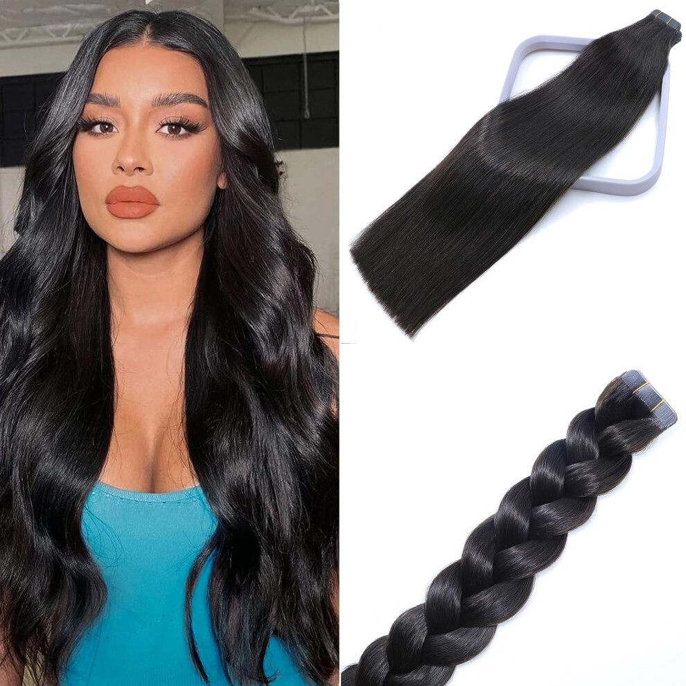 Windtouch Unisex Black Tape In Hair Extensions Hair Extensions Tape In Human Hair Remy Hair Extensions Full Head Silky Double Sided Tape(18Inch 50G 20Pcs) Fo