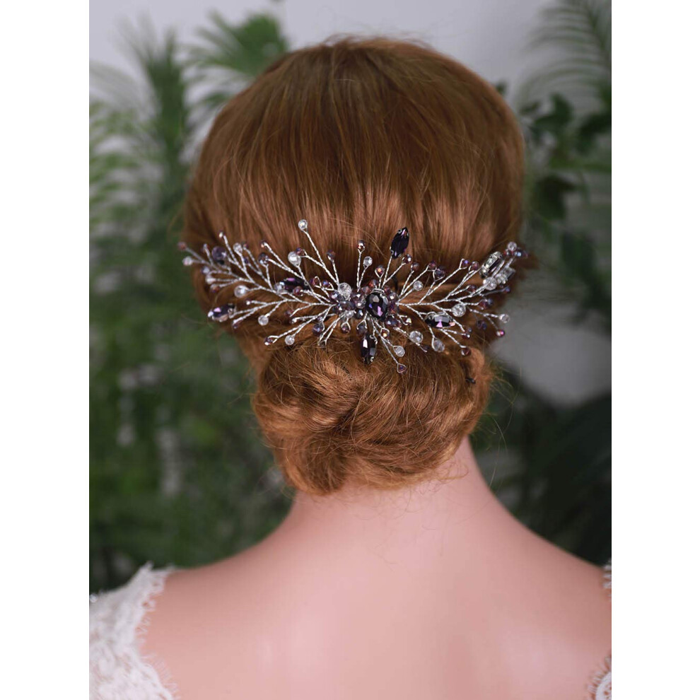 Yertter Unisex Silver,Purple Purple Amethyst Crystal Bridal Hair Comb Clip Pin Amethyst Crystal Wedding Hair Accessories Headpieces Silver For Bride Bridesmaid