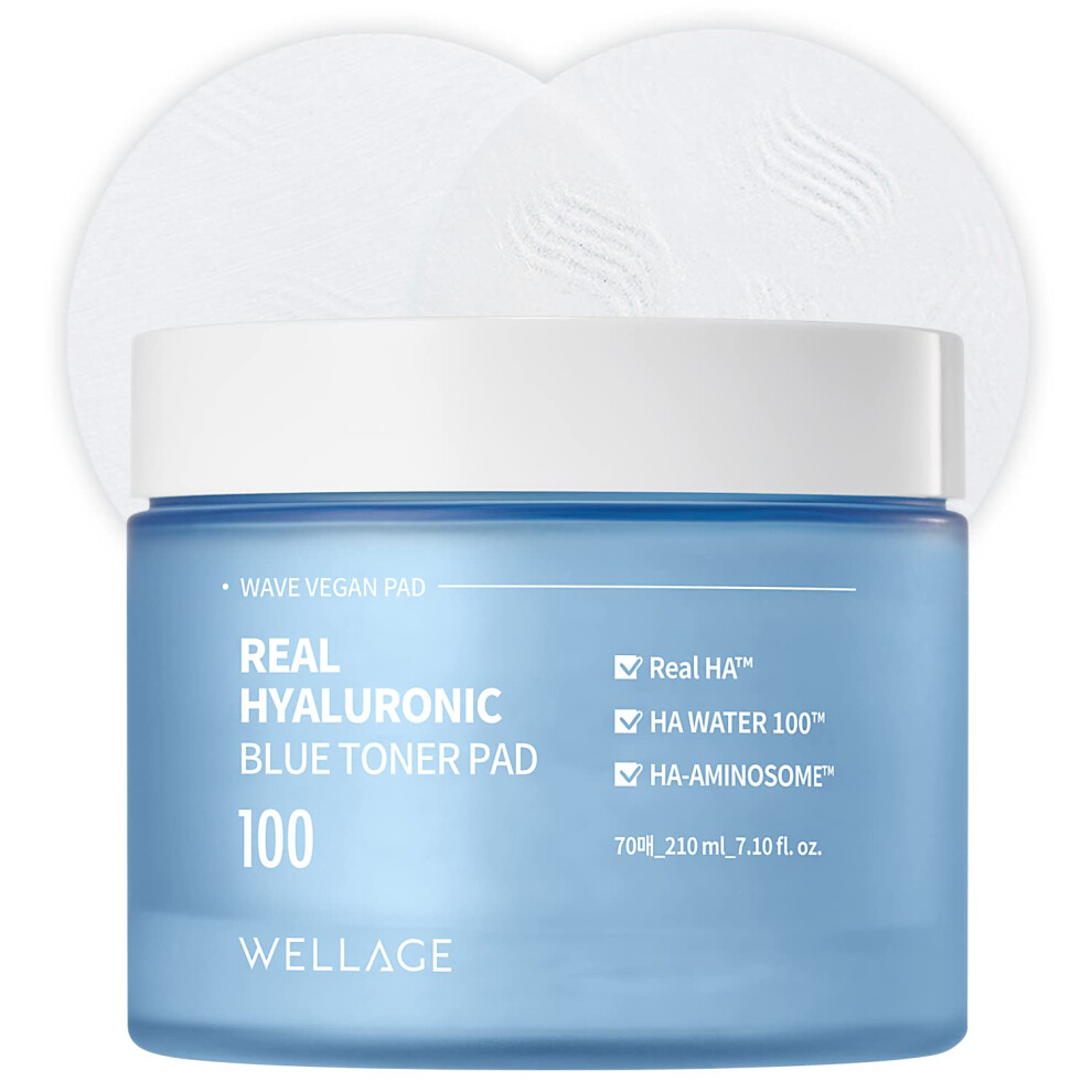 WELLAGE Real Hyaluronic Blue Toner Pad - Quick Soothing & Moisturizing Face Pads with Hyaluronic Water - Irritation Free Exfoliating Toner Pads for Sk
