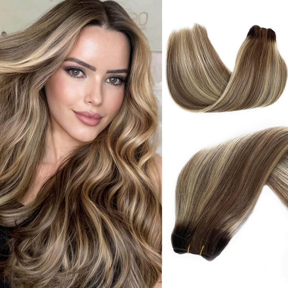 Valiilo Unisex Brown Weft Hair Extensions Sew In Human Hair To Blonde Highlights Real Remy Hair Extensions Balayage Hand Tied Weft Hair Extensions Thick Ends 22Inch