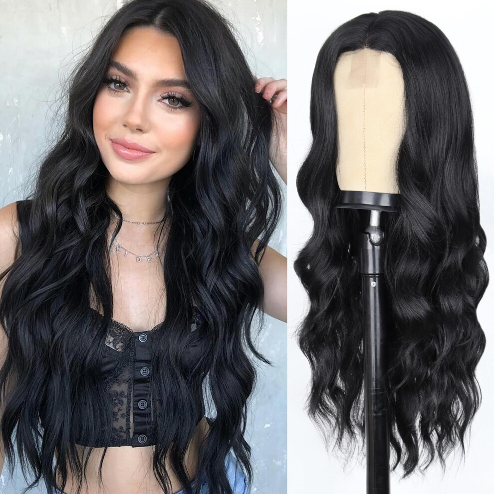 Werd Unisex Black Long Wavy Wigs For Women Curly Wig With Middle Part Synthetic 26 Inch Natural Looking Wig For Daily Party Use