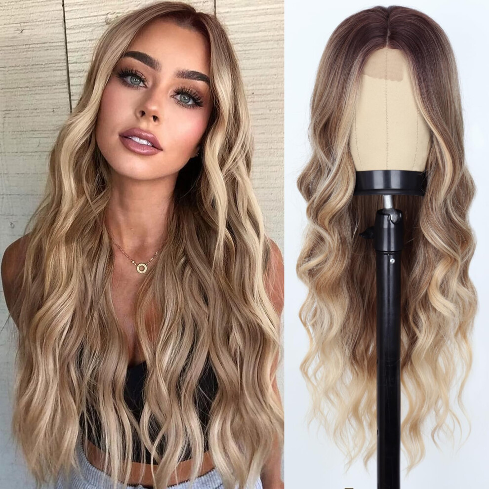 Werd Unisex Long Dirty Blonde Wig For Women Ombre Wavy Blonde Wigs Synthetic 26 Inch Middle Part Curly Blonde Wig For Cosplay Party Use