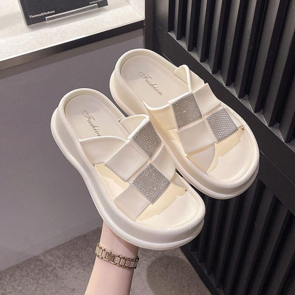 (beige, 40/41 (one size smaller)) 2025 Women's Height-enhancing Square Diamond Shoes, Xiaoxiang Fengshui Design, 4.5cm Platform, Fashionable Thick Sole For Casual Wear