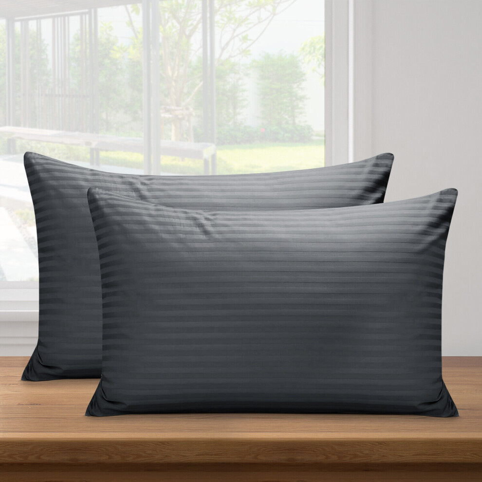 Oxford Homeware (Pillowcases Pair, Charcoal) 4Pc Stripe Duvet Quilt Cover Luxury Hotel Quality Bedding Set Black