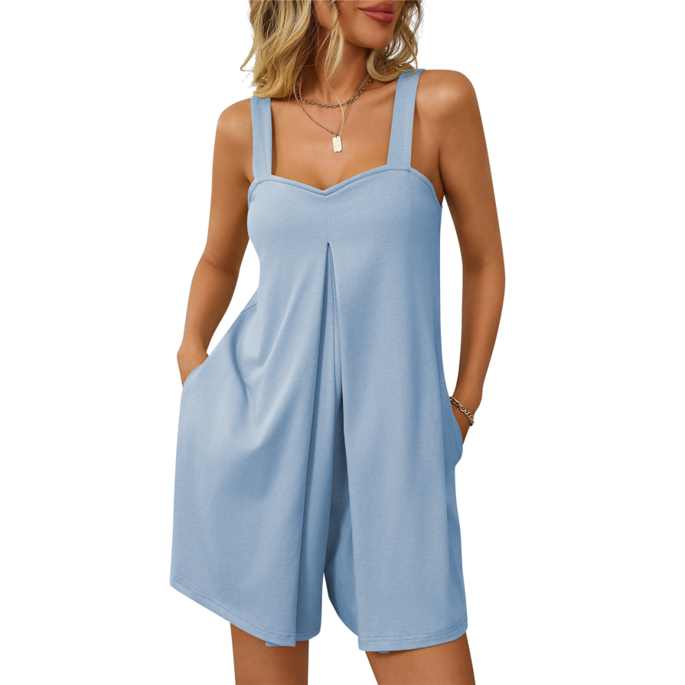 Combinaison d'été décontractée sans manches pour femme, short ample, salopette avec poches, bleu clair, taille S