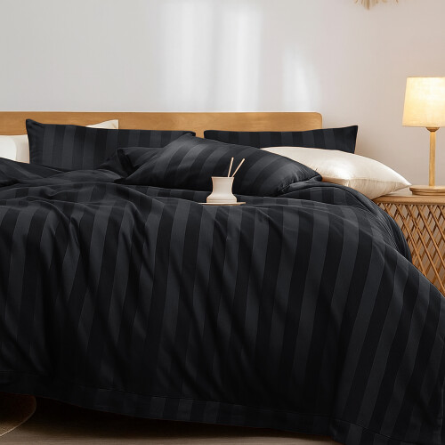 Imperial Rooms (Double, Black) Luxury Stripe Duvet Cover Bedding Set Fitted Sheet 2