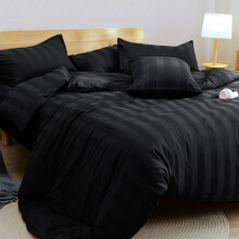 (Double, Black) Luxury Stripe Duvet Cover Bedding Set Fitted Sheet
