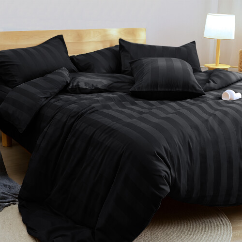 Imperial Rooms (Double, Black) Luxury Stripe Duvet Cover Bedding Set Fitted Sheet 1