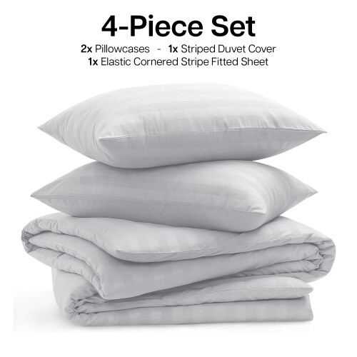 Imperial Rooms (Double, White) Luxury Stripe Duvet Cover Bedding Set Fitted Sheet 1