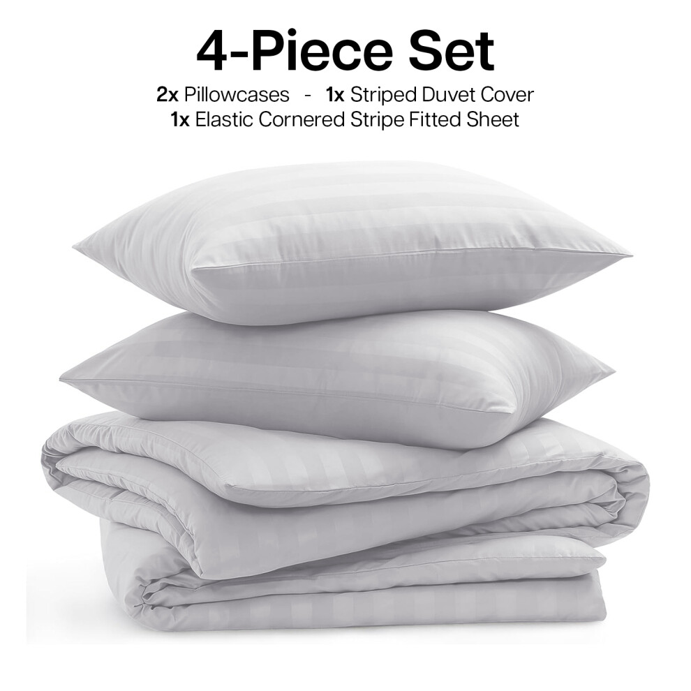 Imperial Rooms (King, White) Luxury Stripe Duvet Cover Bedding Set Fitted Sheet
