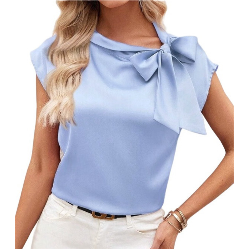Chemisier en satin à manches courtes et col montant avec nœud papillon pour femme, chemises de bureau, taille M