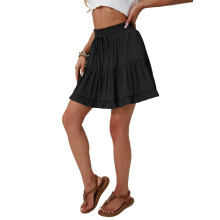 Damen Boho Rüschen Stufenrock Swing Strand Skorts Kordelzug Hohe Taille Tennis Golf Y2K Kurzer Rock Schwarz XL