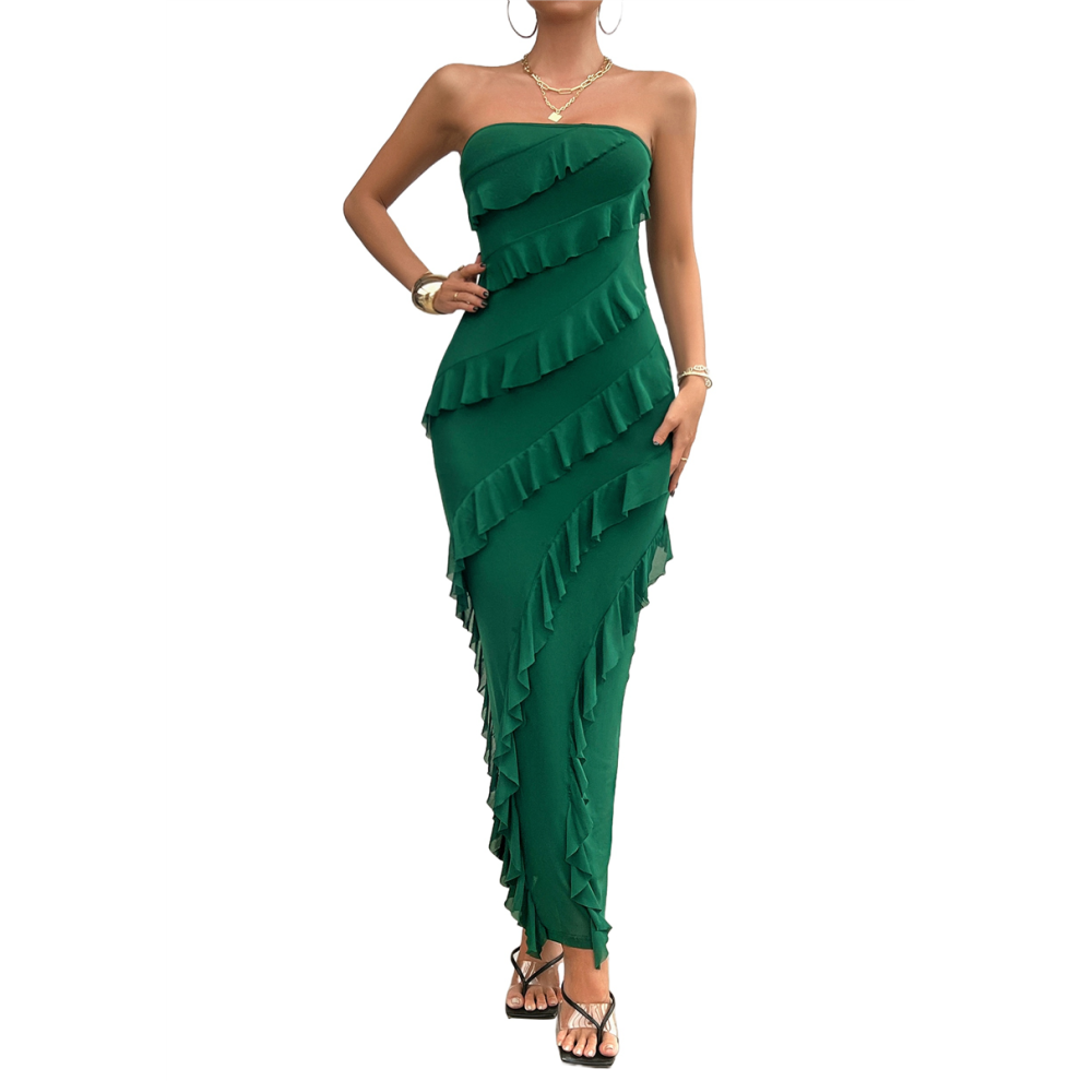 Robe de cocktail longue à volants, élégante et moulante, style tube, pour femme, vert, taille S