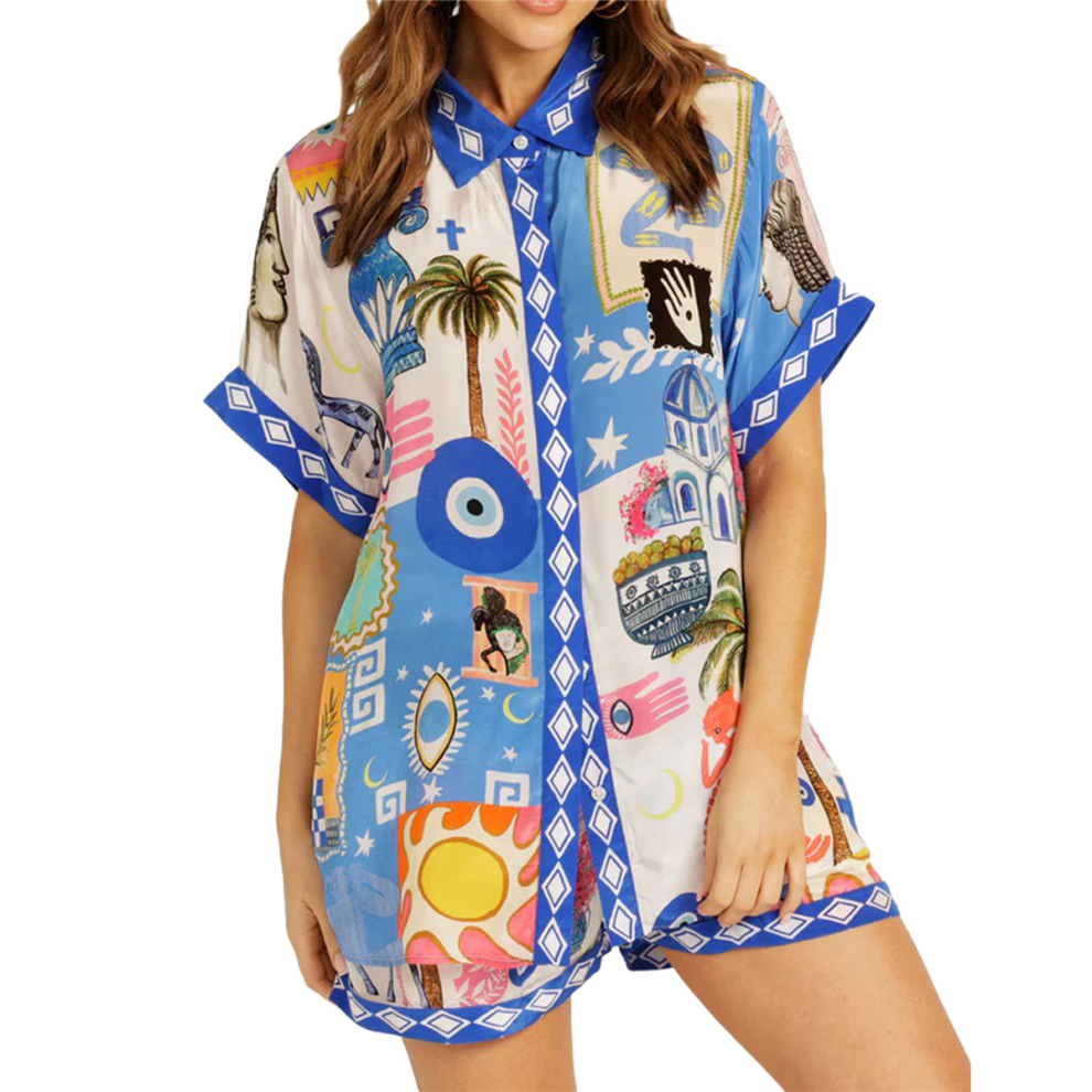 Ensemble 2 pièces pour femme, chemise boutonnée décontractée à fleurs et short à cordon de serrage, ensemble d'été, bleu, taille M
