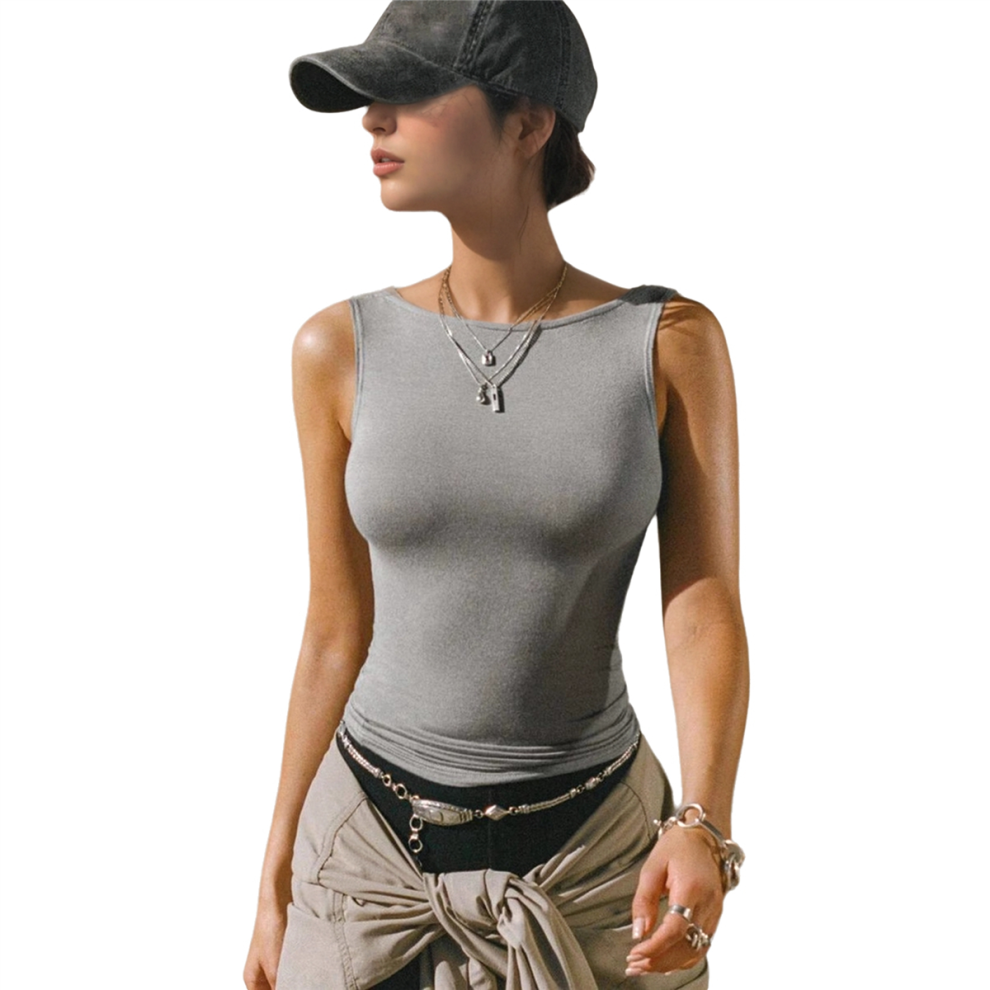 Gilet de sport d'été slim sans manches pour femme, très élastique, gris, taille M