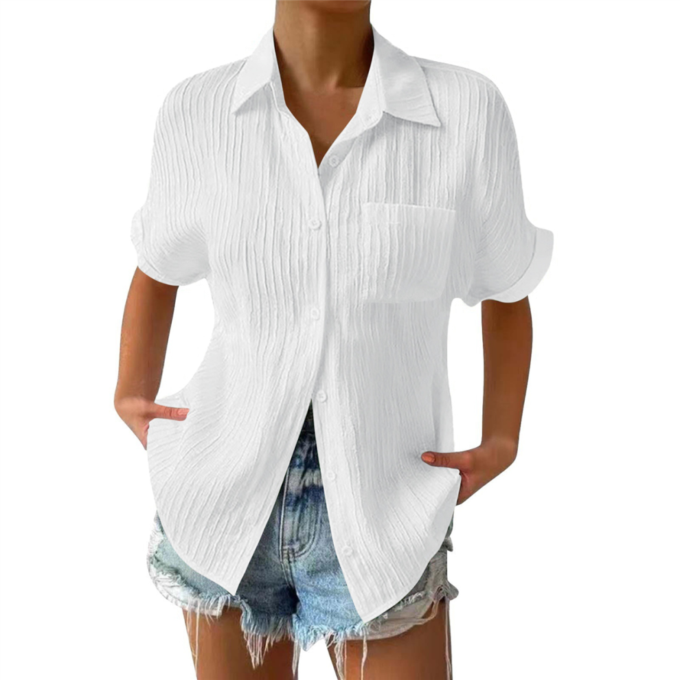 Chemisier rayé à smocks pour femme, col décontracté, manches courtes, boutonné, avec poche, blanc, taille XL