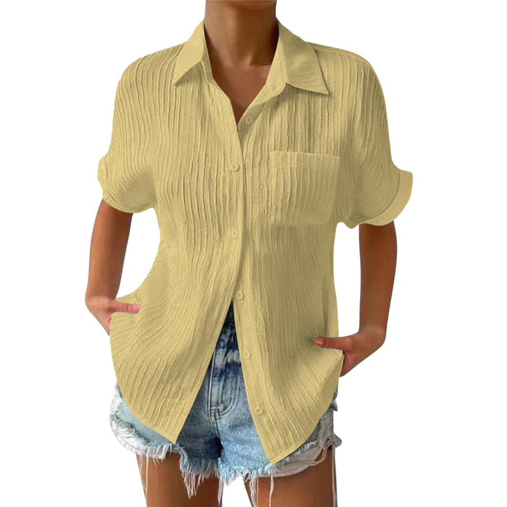 Chemise boyfriend rayée à smocks pour femme, col décontracté, manches courtes, boutonnée, avec poche, jaune, taille L