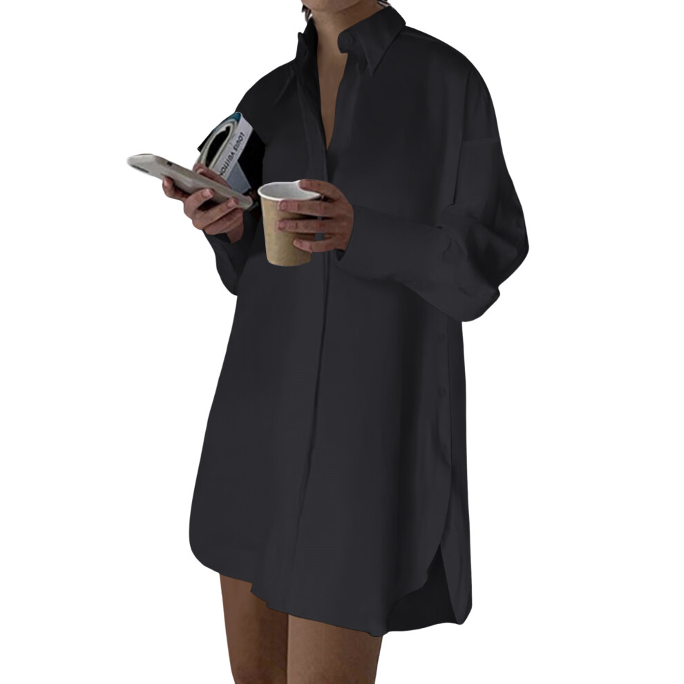 Robe chemise décontractée pour femme, col en V, boutonnée, ample, manches longues, mini, noire, taille XXL