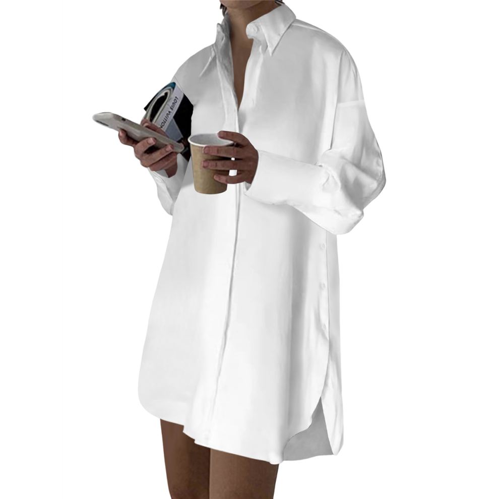 Robe chemise décontractée pour femme, col en V, boutonnée, ample, manches longues, mini, blanche, taille S
