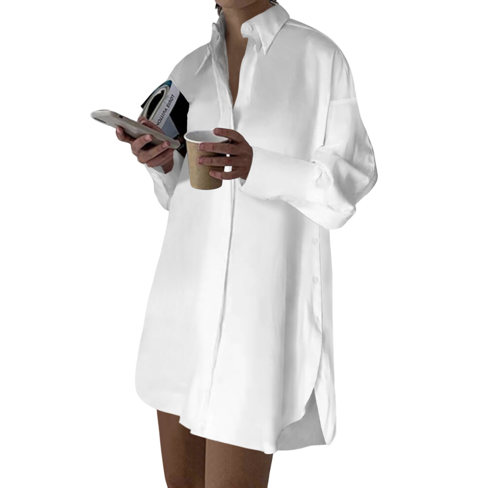 Robe chemise décontractée pour femme, col en V, boutonnée, ample, manches longues, mini, blanche, taille L