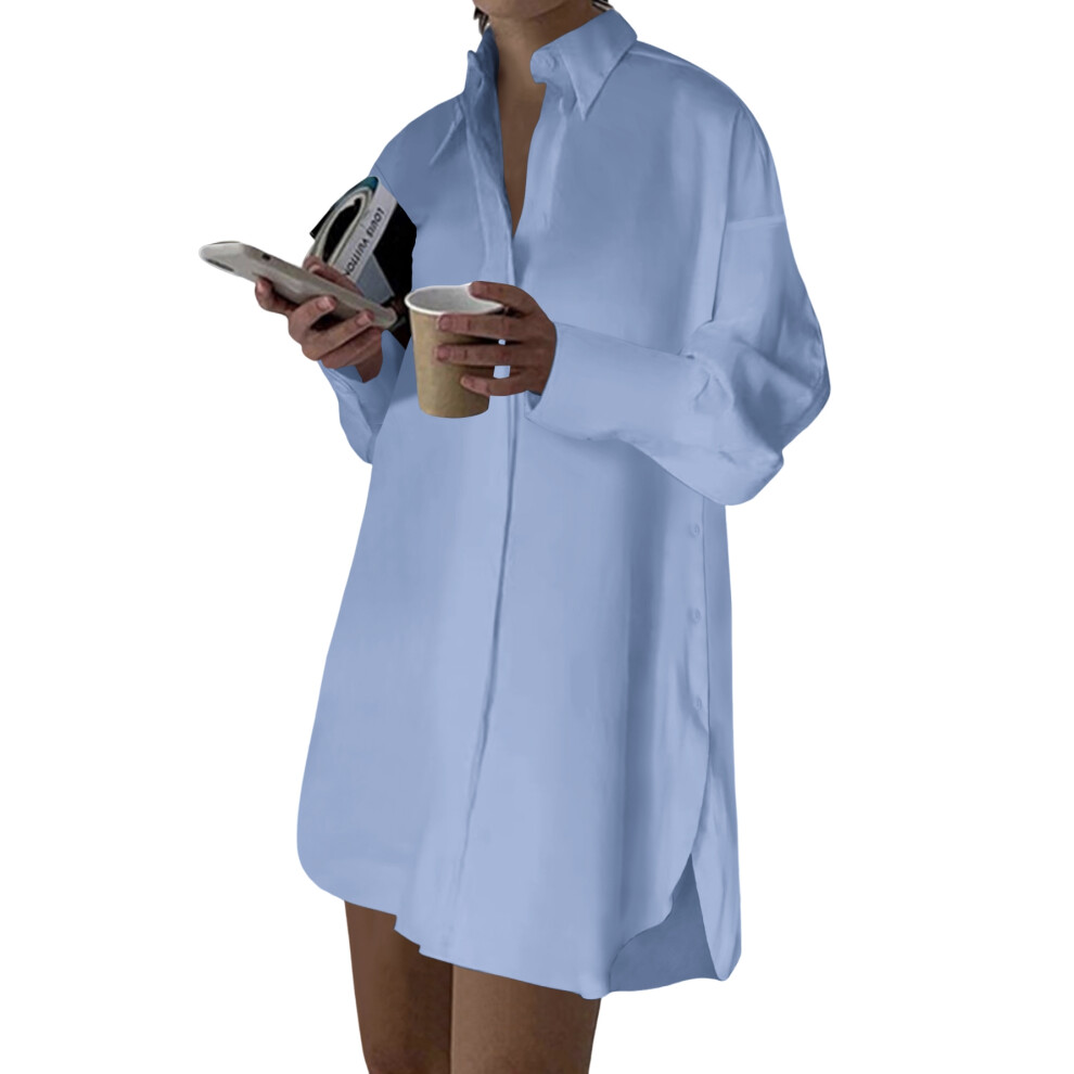 Robe chemise décontractée pour femme, col en V, boutonnée, ample, manches longues, mini, bleu clair, taille L