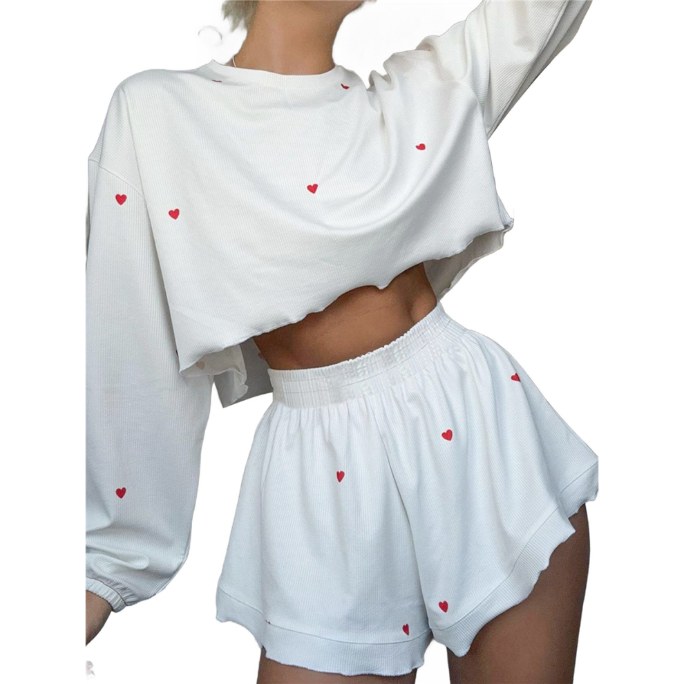Pyjama deux pièces pour femme, imprimé cœur, manches longues et short extensible, taille L