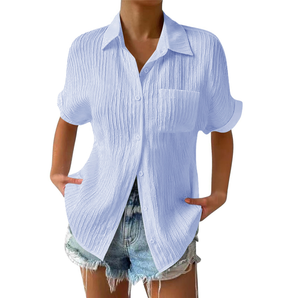 Chemise boyfriend rayée à smocks pour femme, col décontracté, manches courtes, boutonnée, avec poche, bleu, taille XXL