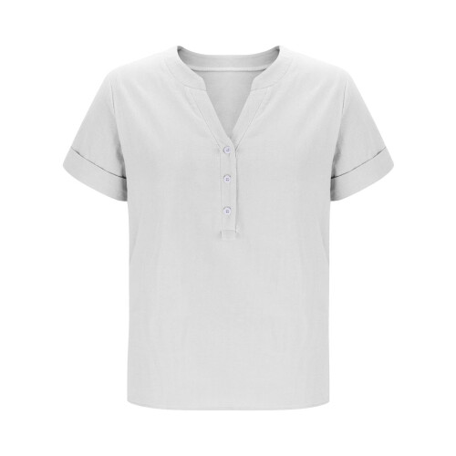Camiseta Patriótica De Mujer Con Estampado De Bandera Americana Estilo Elegante Roja Blanca Y Azul De Manga Corta Cuello En V Regular Botones P19413707