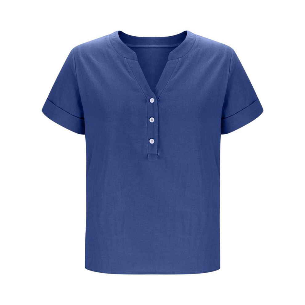 Chemisier tendance en coton et lin à manches courtes pour femme, tunique décontractée à boutons et col en V, bleu, taille L, 2025