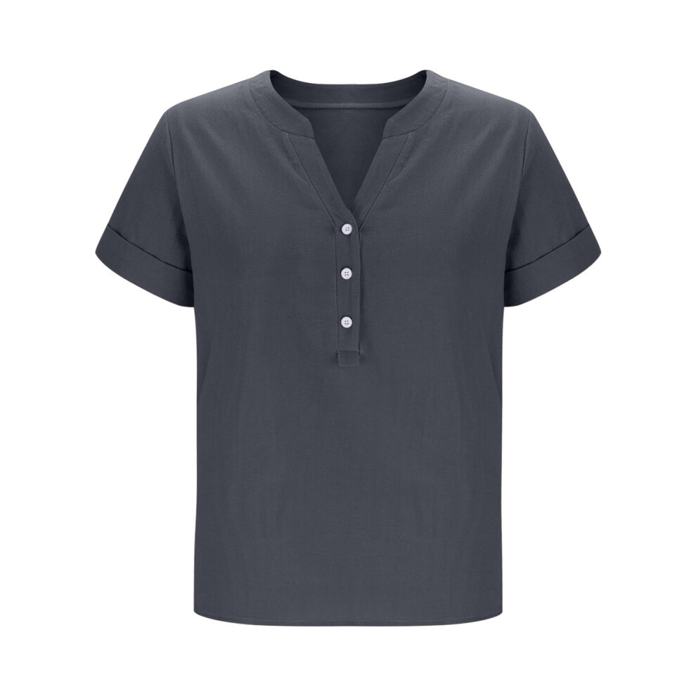 Chemisier tendance en coton et lin à manches courtes pour femme, tunique décontractée à boutons et col en V, gris, taille XXL, 2025