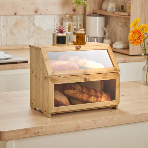 Living And Home 2-Tier Bamboo Bread Box for Kitchen Counter