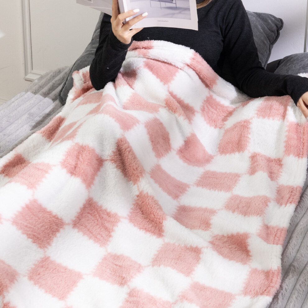 (Pink+White, 100*150cm) Cozy Soft Plaid Flannel Blanket
