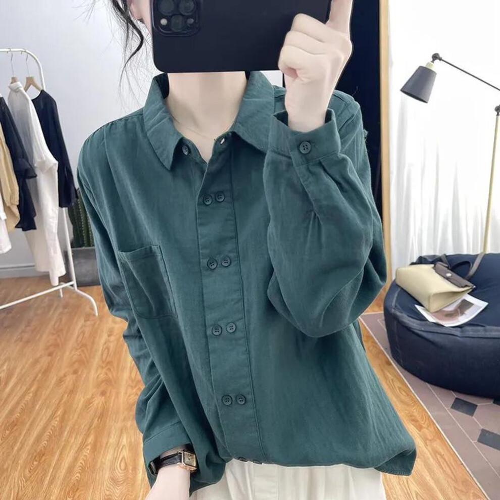 (XXL, green) Spring Autumn Women Cotton Long Sleeved Shirt With Polo Collar Loose Design Base Shirt For Women Blouses
