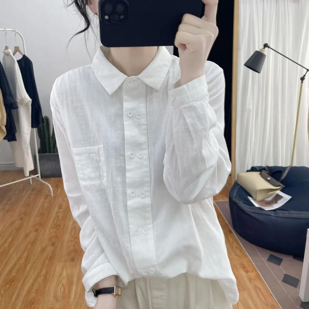 (L, white) Spring Autumn Women Cotton Long Sleeved Shirt With Polo Collar Loose Design Base Shirt For Women Blouses