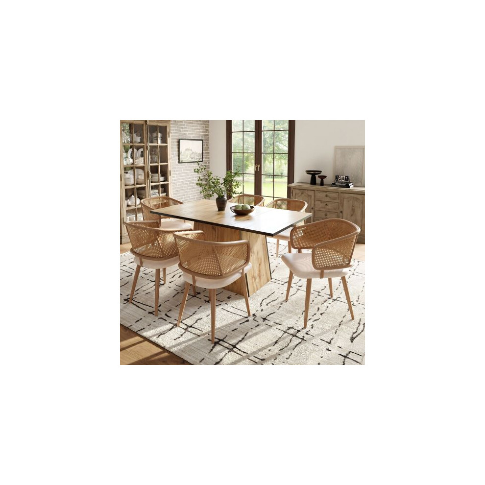6 pcs Chairs with Rattan Backrest & PU Leather Seat, for Restaurant, Living Room, Café